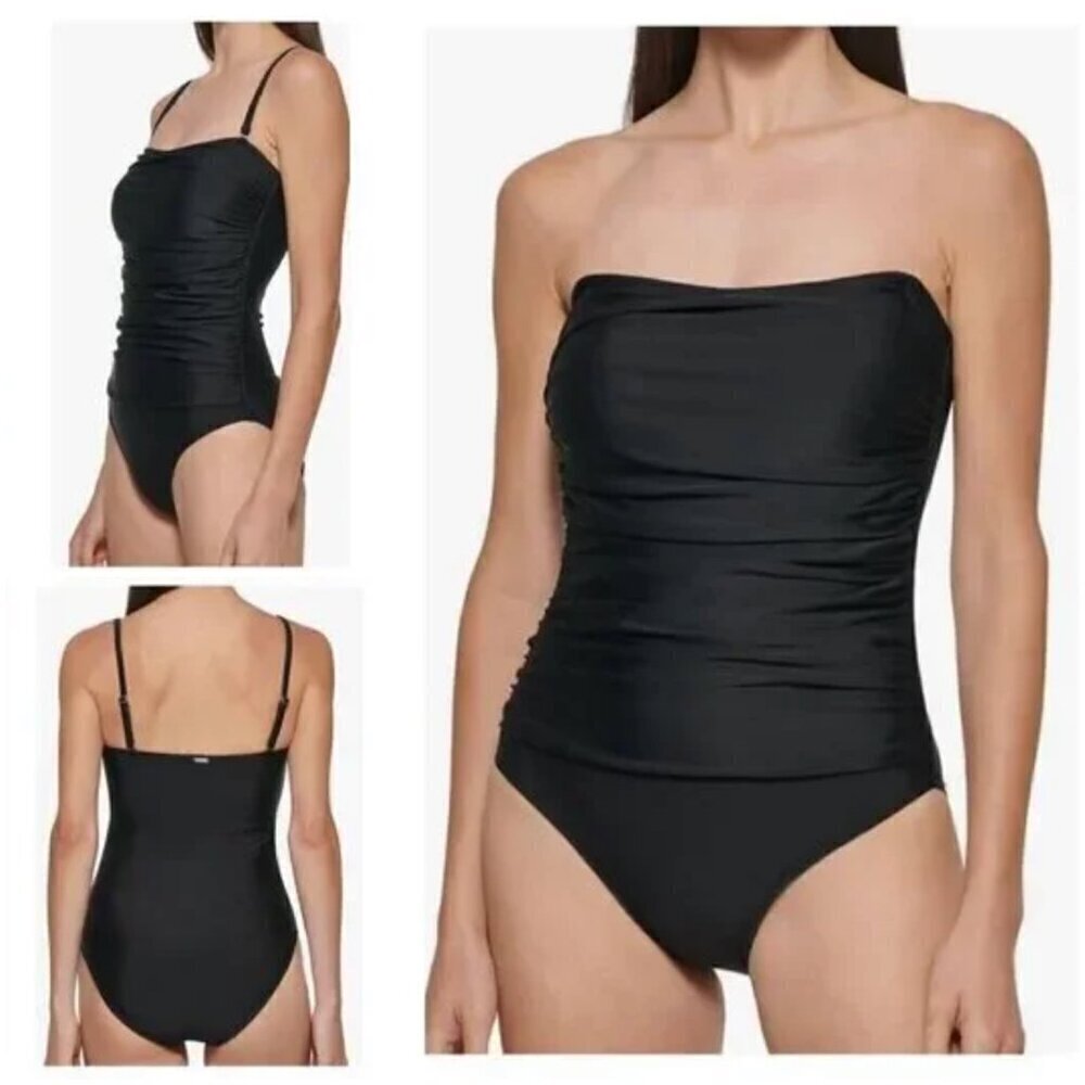 NWT DKNY Black One‎ Piece Strap/Strapless Bandeau Maillot Swimsuit Sz XS